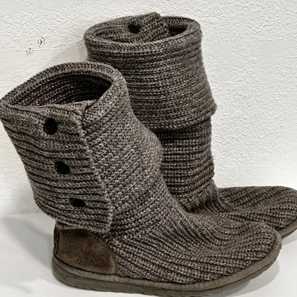 UGG Cable Knit Boots Grey Tall / Fold Over For Shorter Length 3 Button US Size 6 - Picture 5 of 11